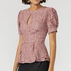 New Adelyn Rae Mauve Pink Doreen Lace Short Sleeve Peplum Blouse Women's Size XS